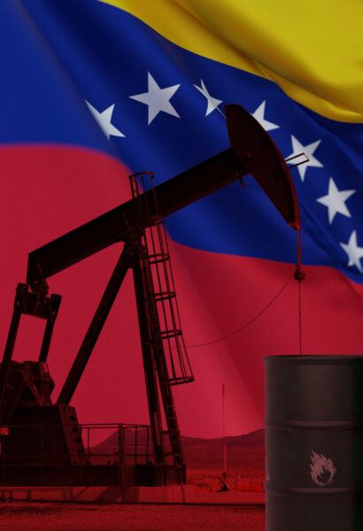 Venezuela Oil Industry Concept with Flag and Pump Jacks. conceptual image representing the Venezuelan oil industry, a waving flag overlaid with oil pump jacks and stacked industrial barrels