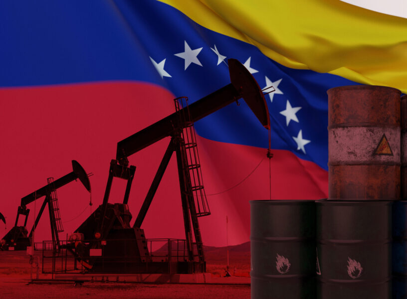 Venezuela Oil Industry Concept with Flag and Pump Jacks. conceptual image representing the Venezuelan oil industry, a waving flag overlaid with oil pump jacks and stacked industrial barrels
