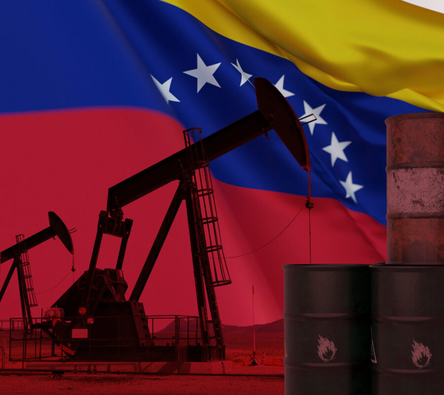 Venezuela Oil Industry Concept with Flag and Pump Jacks. conceptual image representing the Venezuelan oil industry, a waving flag overlaid with oil pump jacks and stacked industrial barrels